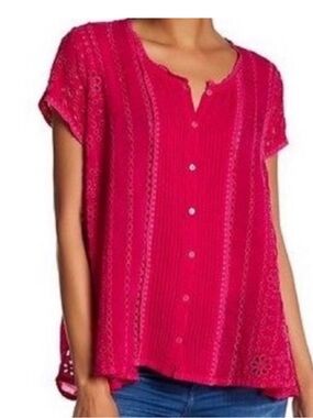Johnny Was Fuchsia Embroidered Eyelet Button-Front Short Sleeve Blouse